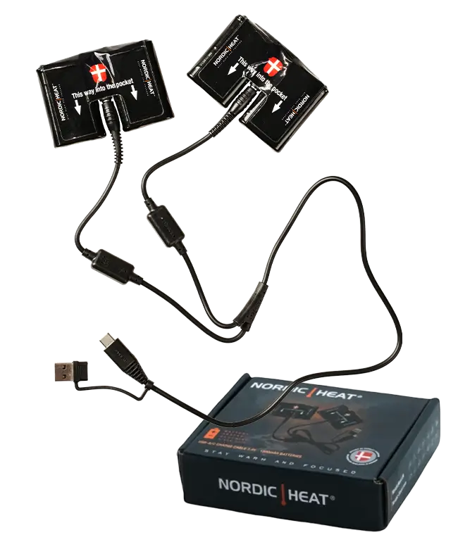NordicHeat varmepuder med USB-tilslutning forbedrer aktiv livsstil i kolde forhold. Tekst: "NORDIC HEAT," "This way into the pocket," "STAY WARM AND FOCUSED."