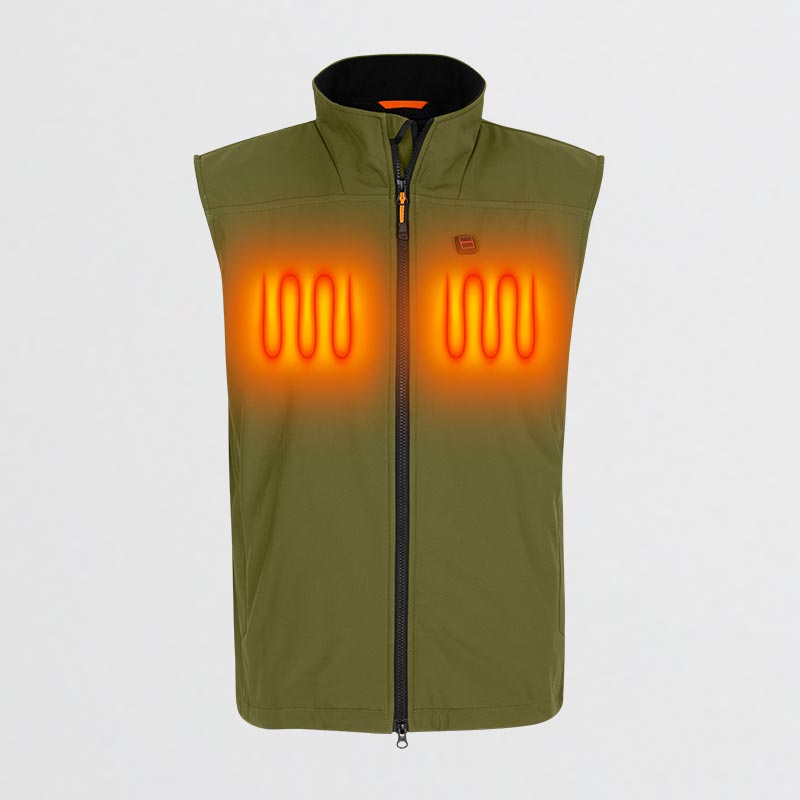 NordicHeat-varmevest med synlige varmeelementer placeret på brystet. Designet med lynlås og høj krave i en olivengrøn farve.