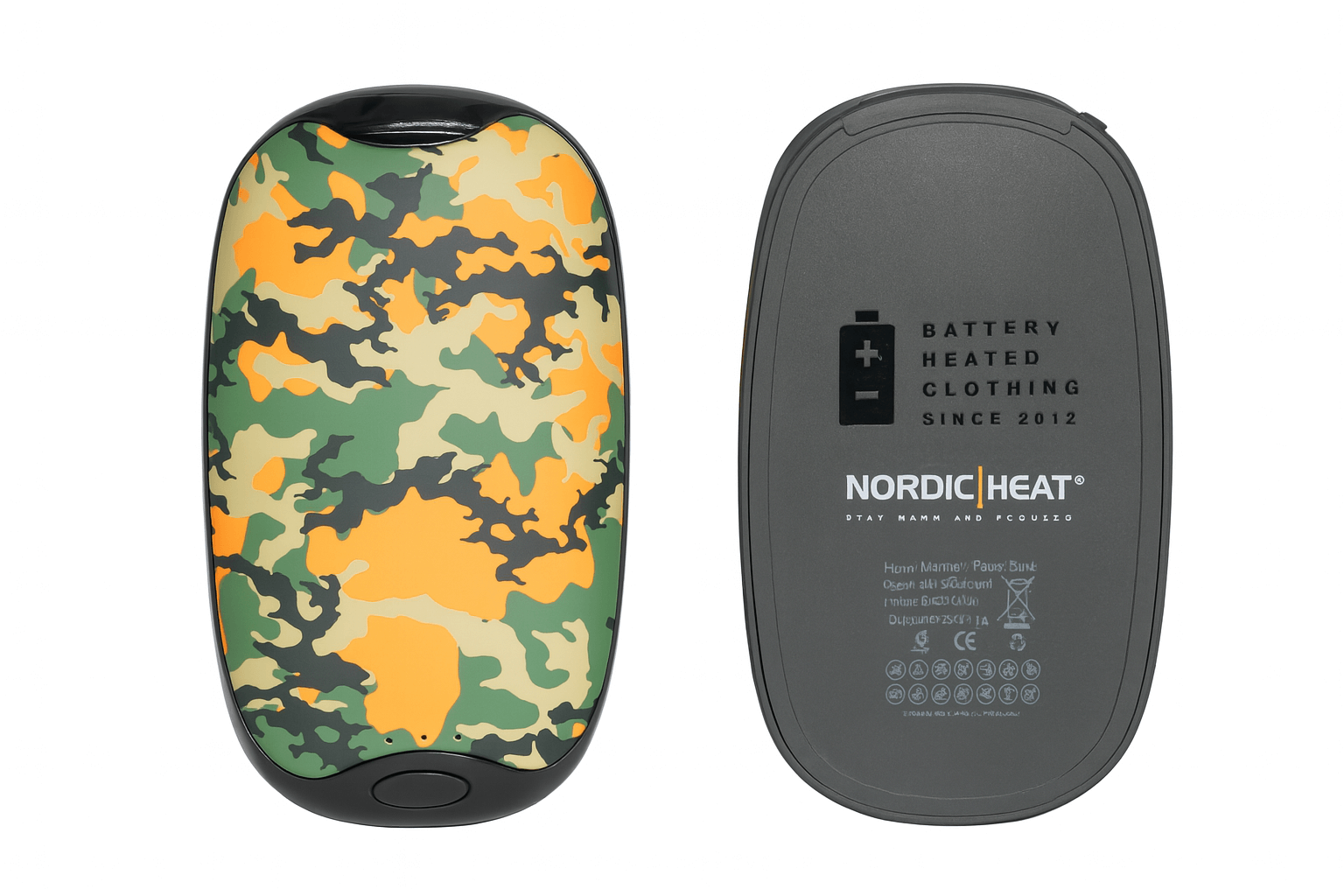 NordicHeat-varmetøj ligger på en flad overflade. Ene side viser kamuflage-design, mens den anden har teksten "BATTERY HEATED CLOTHING SINCE 2012".