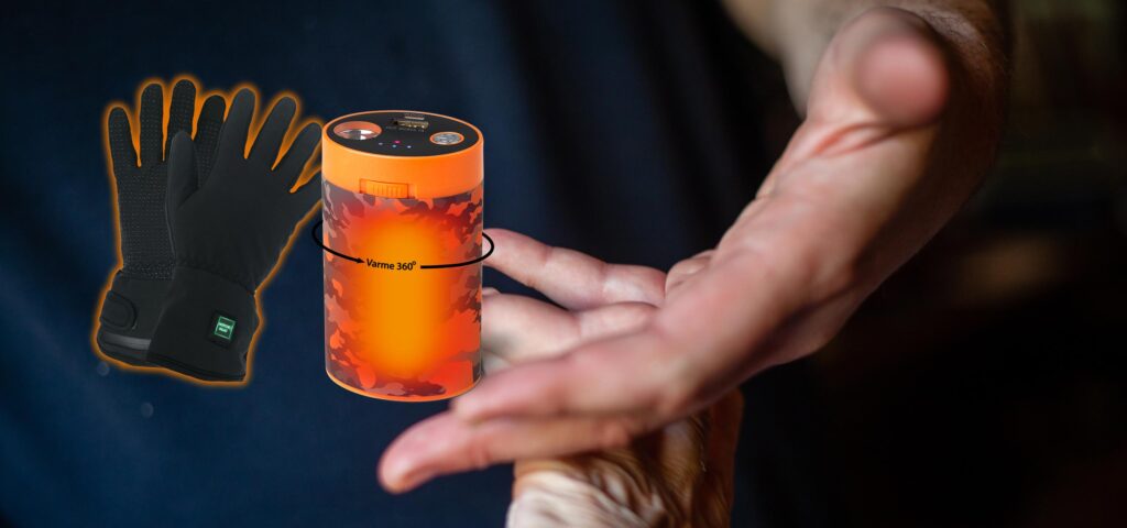 NordicHeat varmetøj fremvises med varmehandsker og håndvarmer i kamufleret design. En hånd præsenterer apparatet, der har teksten "Varme 360°", hvilket fremhæver optimal varmefordeling ved aktiv livsstil.